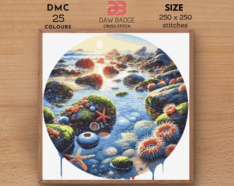 Küstengezeitenbecken Kreuzstich-Muster: Aquarell Meerlandschaft (PDF)