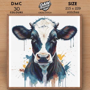 May include: A cross stitch pattern of a black and white cow with colorful watercolor splatters. The pattern is for a cross stitch project and includes 30 colors and 215 x 229 stitches.