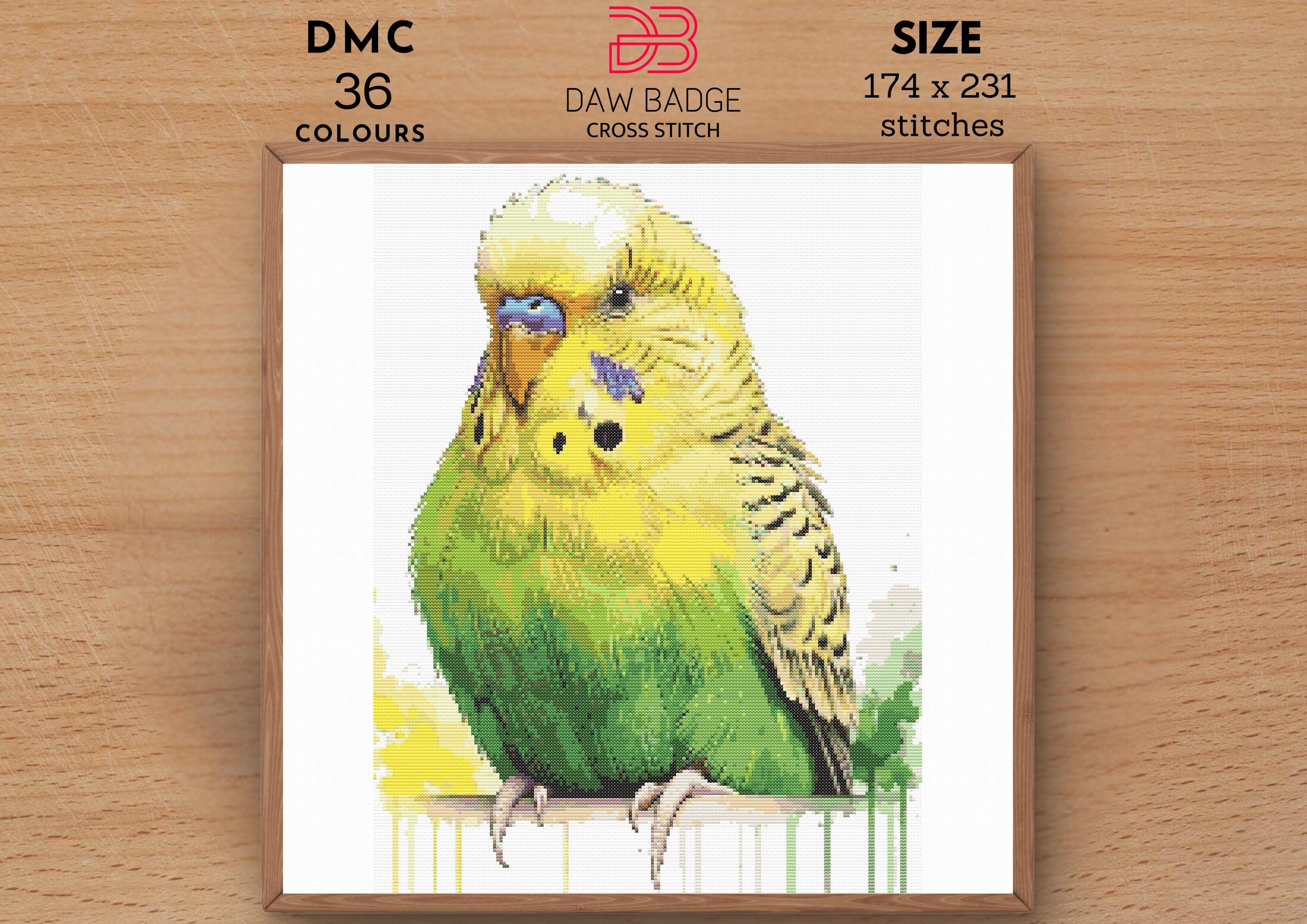 セキセイインコのクロスステッチパターン：水彩画風の鳥の刺繍（PDF