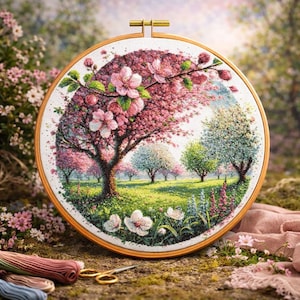 Op de afbeelding: Een voltooide kruissteekborduurwerk van een lentelandschap met een grote kersenboom met roze bloesems. Het kunstwerk is geplaatst in een houten borduurring. Groen gras en andere bomen zijn op de achtergrond. Een gouden schaar en draad staan op de voorgrond.