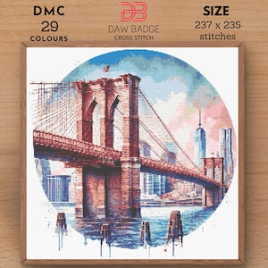 Brooklyn Bridge Famous Country City Travel Cross Stitch Pattern, Watercolor Famous Landmarks Architecture Landscape City Embroidery Pattern