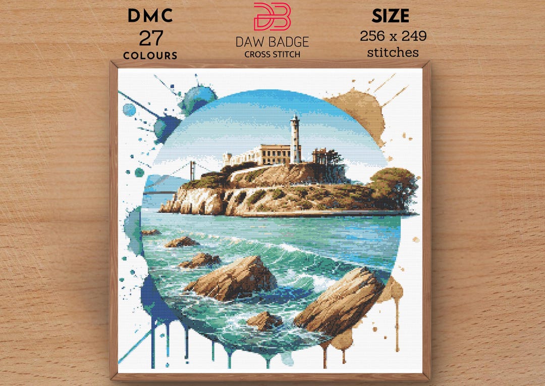 Alcatraz Island Cross Stitch Pattern: Watercolor Landmark Embroidery ...