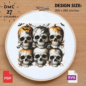 May include: Cross stitch pattern featuring a group of seven skulls with pumpkins on top. The pattern is designed for a 300 x 282 stitch count and uses 27 colors.