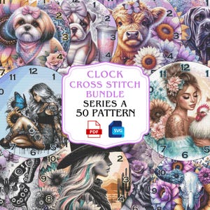 Clock Cross Stitch Pattern Bundle PDF, Embroidery Clock Set, Counted Stitch Pack, Wall Clock Chart, Clock Pattern Design Set, Series A