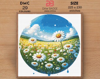 Daisy Field Cross Stitch Pattern: Floral Landscape Embroidery (PDF)