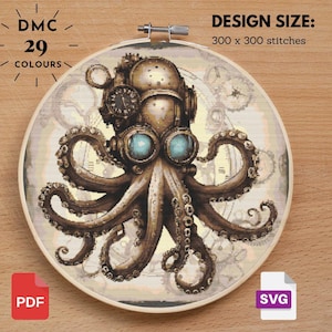 May include: A steampunk octopus cross-stitch design in a wooden hoop. The octopus is brown with blue-tinted goggles and a clock-like device on its head. The design size is 300 x 300 stitches, with 29 colors. Includes PDF and SVG file icons.