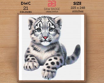 Patrón de punto de cruz de leopardo de las nieves: Bordado de animales en acuarela (Descarga en PDF)