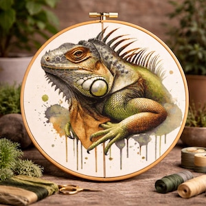 Iguana Cross Stitch Pattern: Watercolor Animal Embroidery (PDF Pattern)