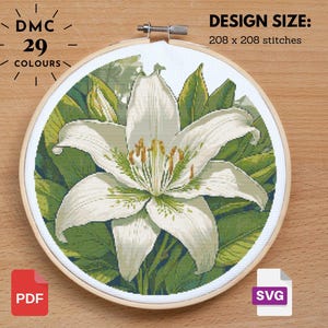 White Lily Cross Stitch  Lily Pattern, Flower Pattern, Floral Cross Stitch, Garden Nature Cross Stitch, Flower xstitch, Diy Cross Stitch