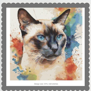 May include: A Siamese cat portrait with striking blue eyes and a watercolor effect background. The design size is 159 x 160 stitches. The artwork features a detailed depiction of the cat's face with a colorful splash of paint.