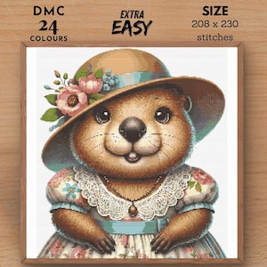 Beaver in Hat Cross Stitch Pattern, Animal Embroidery (PDF Pattern)