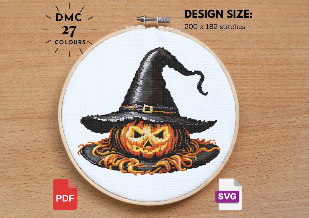 Halloween Pumpkin Witch Hat Cross Stitch Pattern (PDF) - Etsy
