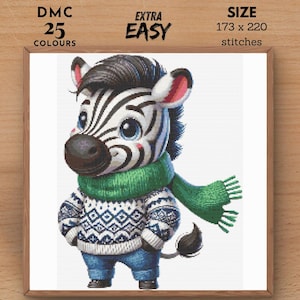 May include: A cross-stitch pattern featuring a cute cartoon zebra wearing a green scarf and a blue and white sweater. The pattern is labeled "EXTRA EASY" and requires 25 colors and 173 x 220 stitches.