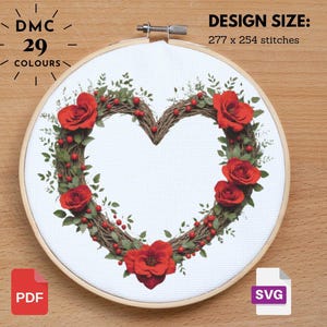 Heart Wreath Cross Stitch Pattern: Rose Valentine Design (PDF)