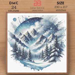 Blizzard in the Mountains Digital Landscape Nature Watercolor Winter Snow Mountain Cross Stitch Pattern PDF, Landscape Mountain Embroidery