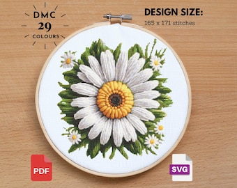 Daisy Floral Cross Stitch Pattern: Vintage Flower Design (PDF, SVG)