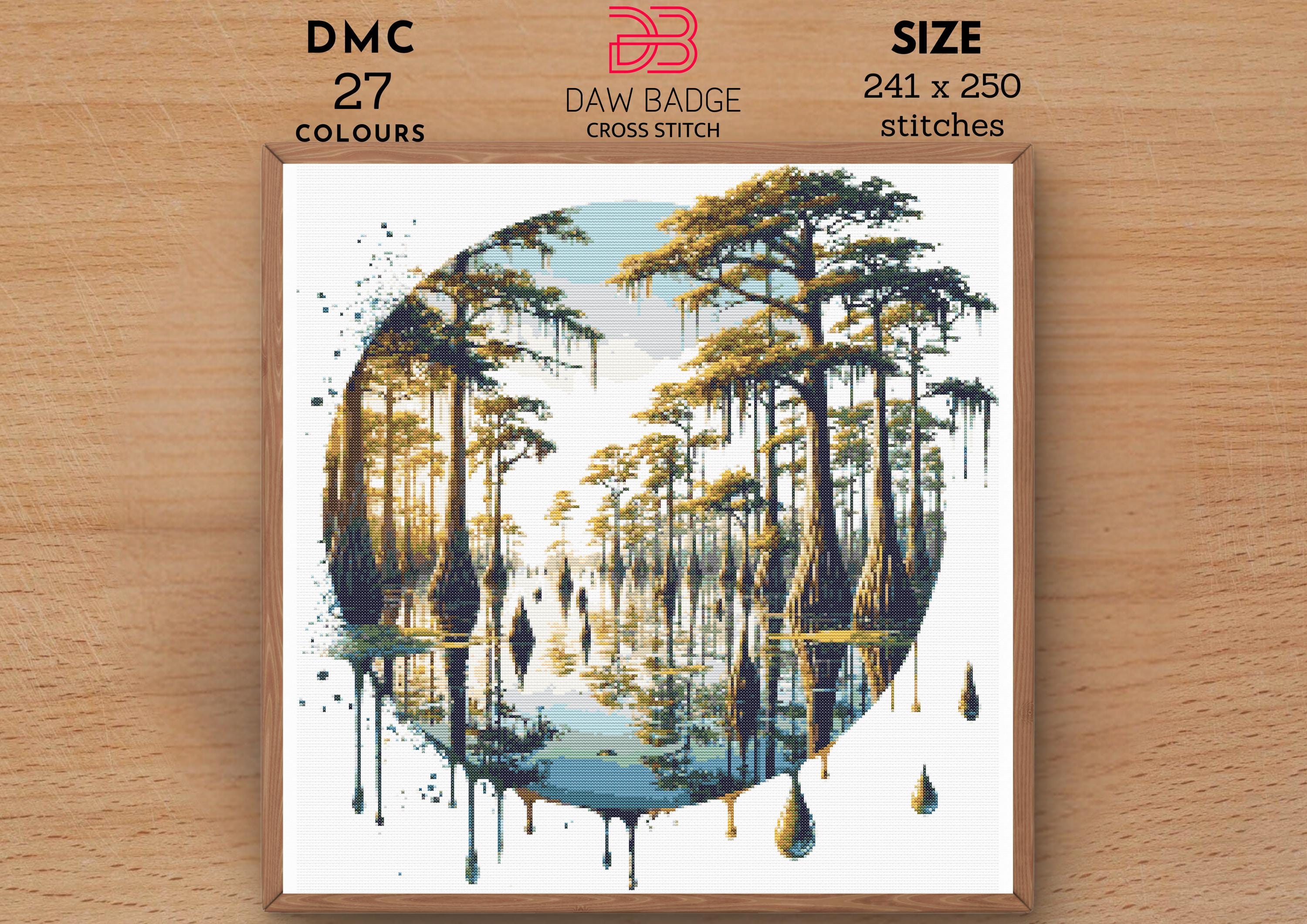 Forest Tree Lake Scenery Cross Stitch Pattern PDF, Cypress Swamp Digital Landscape Nature Watercolor, Nature Landscape Embroidery