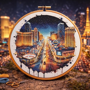 Las Vegas Cityscape Cross Stitch Pattern: Watercolor Landmarks (PDF Pattern)