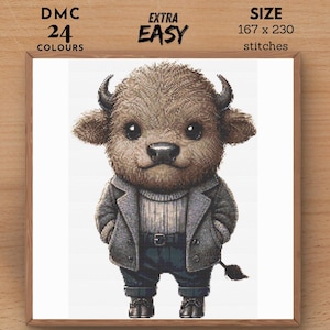 Cute Buffalo Animals Modern Counted Easy Cross Stitch Pattern, Animal Embroidery Cross Stitch Chart Stitching Template