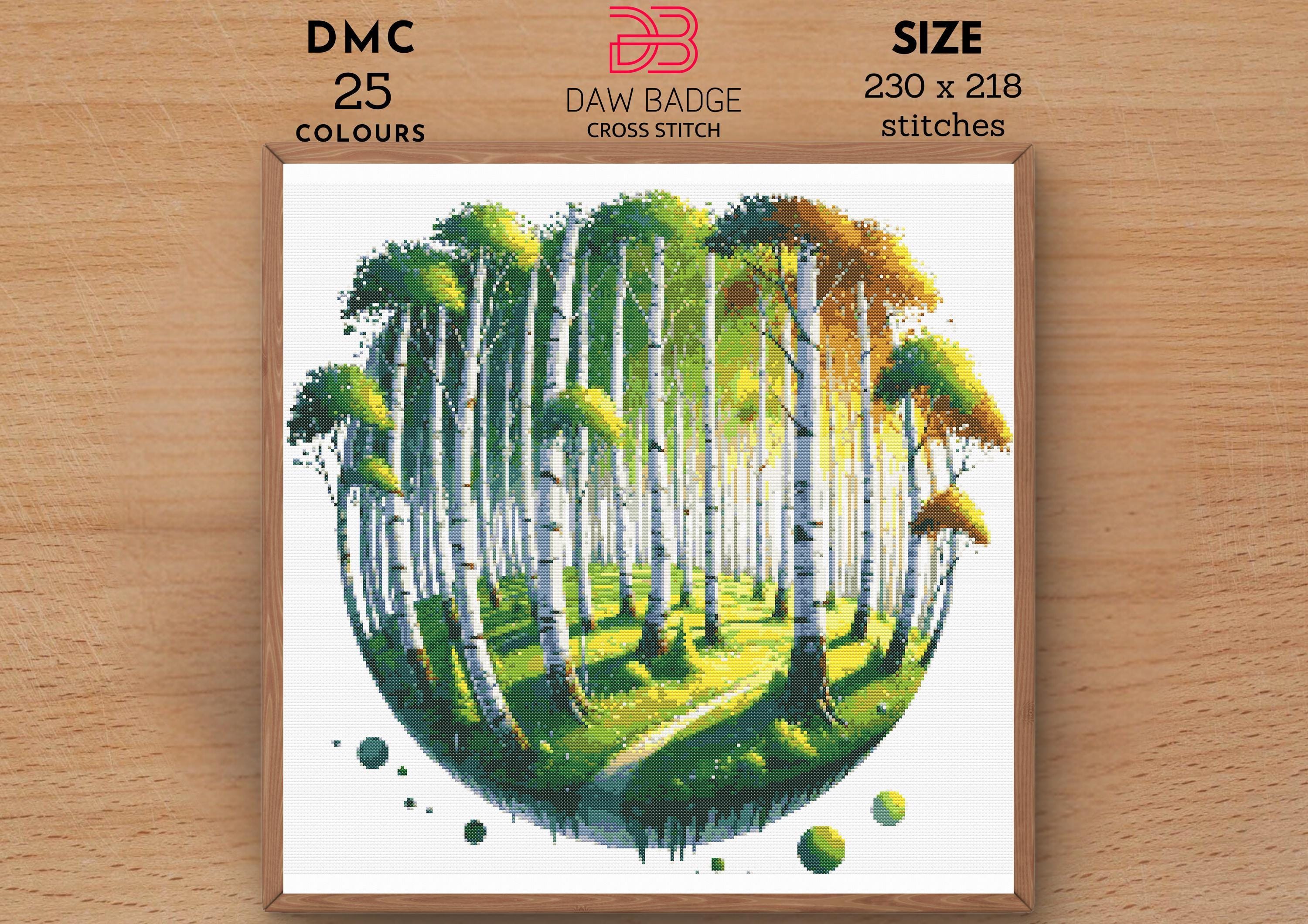 白樺の森のクロスステッチ図案：水彩画風風景画（PDF） - Etsy 日本