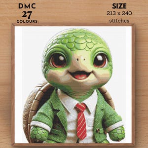 May include: A cross-stitch pattern featuring a cartoon turtle wearing a green suit and a red tie. The pattern is 213 stitches wide and 240 stitches tall and uses 27 colors.