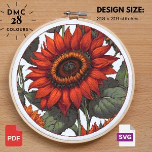 Red Sunflower Cross Stitch  Sunflower Pattern, Flower Floral Cross Stitch, Garden Nature Cross Stitch, Flower xstitch, Diy Cross Stitch PDF