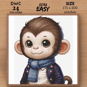May include: Cross stitch pattern of a cute cartoon monkey wearing a blue scarf and a dark blue jacket. The pattern is labeled "Extra Easy" and requires 24 colors and 171 x 200 stitches.