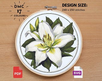 ミニフローラルクロスステッチ：白いユリの花、ボタニカル刺繍、モダン