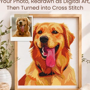 May include: A framed cross stitch portrait of a golden retriever with its tongue out, featuring shades of yellow, orange, and red. The text above reads: Custom Pet Cross Stitch. Your Photo, Redrawn as Digital Art, Then Turned into Cross Stitch.