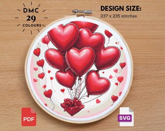 Heart Balloon Bouquet Cross Stitch Pattern: Valentine's Day (PDF)