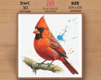 Watercolor Cardinal Cross Stitch Pattern: Bird Embroidery Design (PDF)