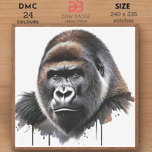 May include: Cross stitch pattern of a gorilla's face with a watercolor background. The pattern is 240 stitches wide and 235 stitches tall and uses 24 DMC colors.
