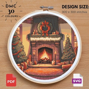 Christmas Fireplace Cross Stitch, Stitching Christmas, Christmas xstitch, Xmas Cross Stitch, Christmas Sampler, Christmas Decoration, PDF