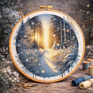 Kruissteekpatroon winterbospad: aquarellandschap (pdf)