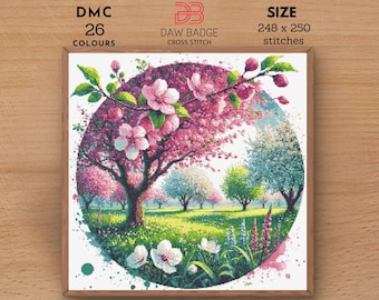 Blossoming Orchard  Digital Flower Landscape Nature Floral Spring Summer Cross Stitch Pattern PDF, Nature Landscape Embroidery