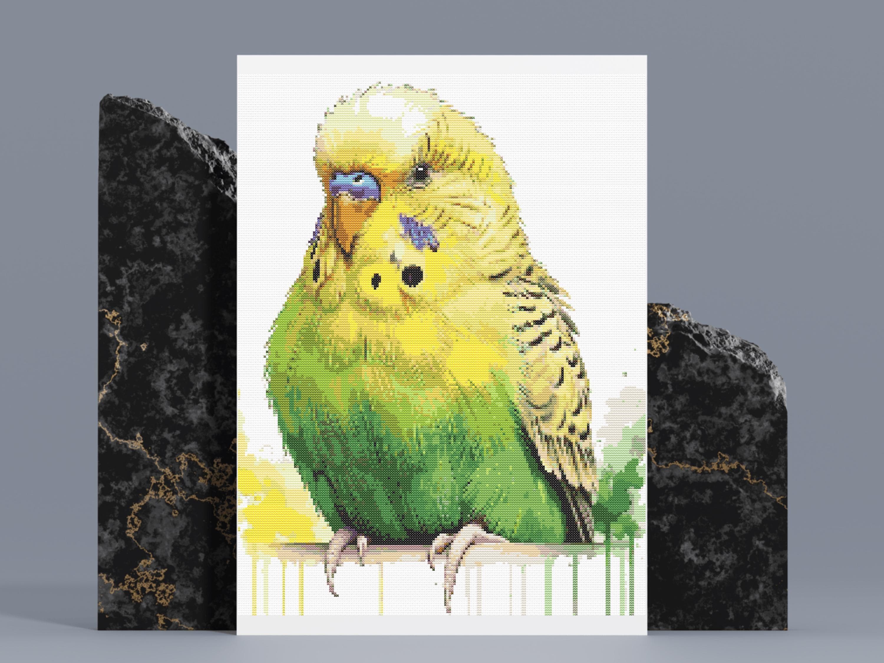 セキセイインコのクロスステッチパターン：水彩画風の鳥の刺繍（PDF