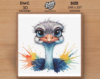 Ostrich Watercolor Cross Stitch Pattern: Funny Animal Embroidery (PDF)