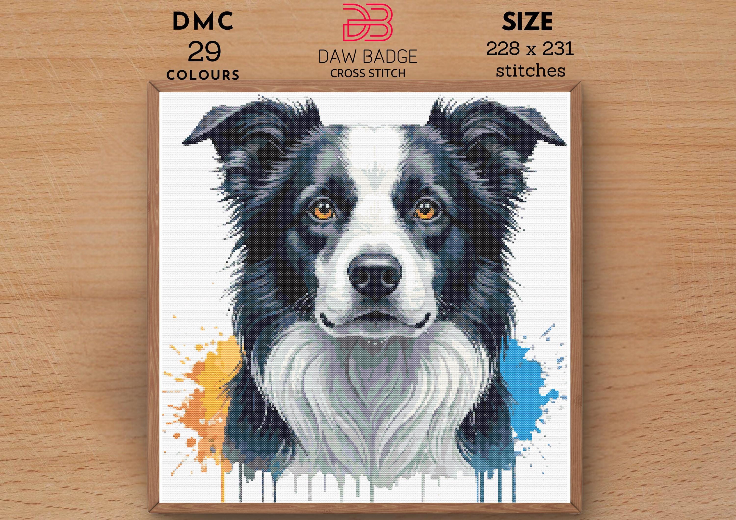 ボーダーコリー犬のクロスステッチ図案：水彩画風動物刺繍（PDF