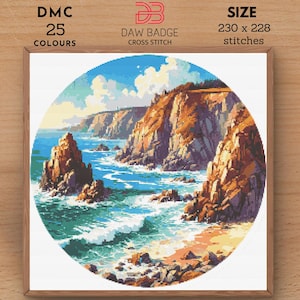 Patrón de punto de cruz en PDF con acuarela de paisaje digital de la costa del acantilado, paisaje natural, bordado de agua de mar y océano