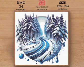 Snowy Forest Road Cross Stitch Pattern: Winter Landscape Embroidery (PDF)