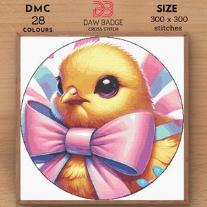Chick with Bow Hatching Happy Easter Cross Stitch Pattern PDF Designs, Easter Bunny Egg Embroidery Pattern