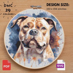 May include: A cross-stitch pattern of a brown and white dog with a watercolor background. The pattern uses 29 colors and is 153 x 154 stitches. The pattern is available in PDF and SVG formats.