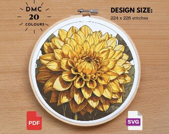 Korsstygnsmönster med gul dahlia: Blomsterträdgårdsdesign (PDF/SVG)