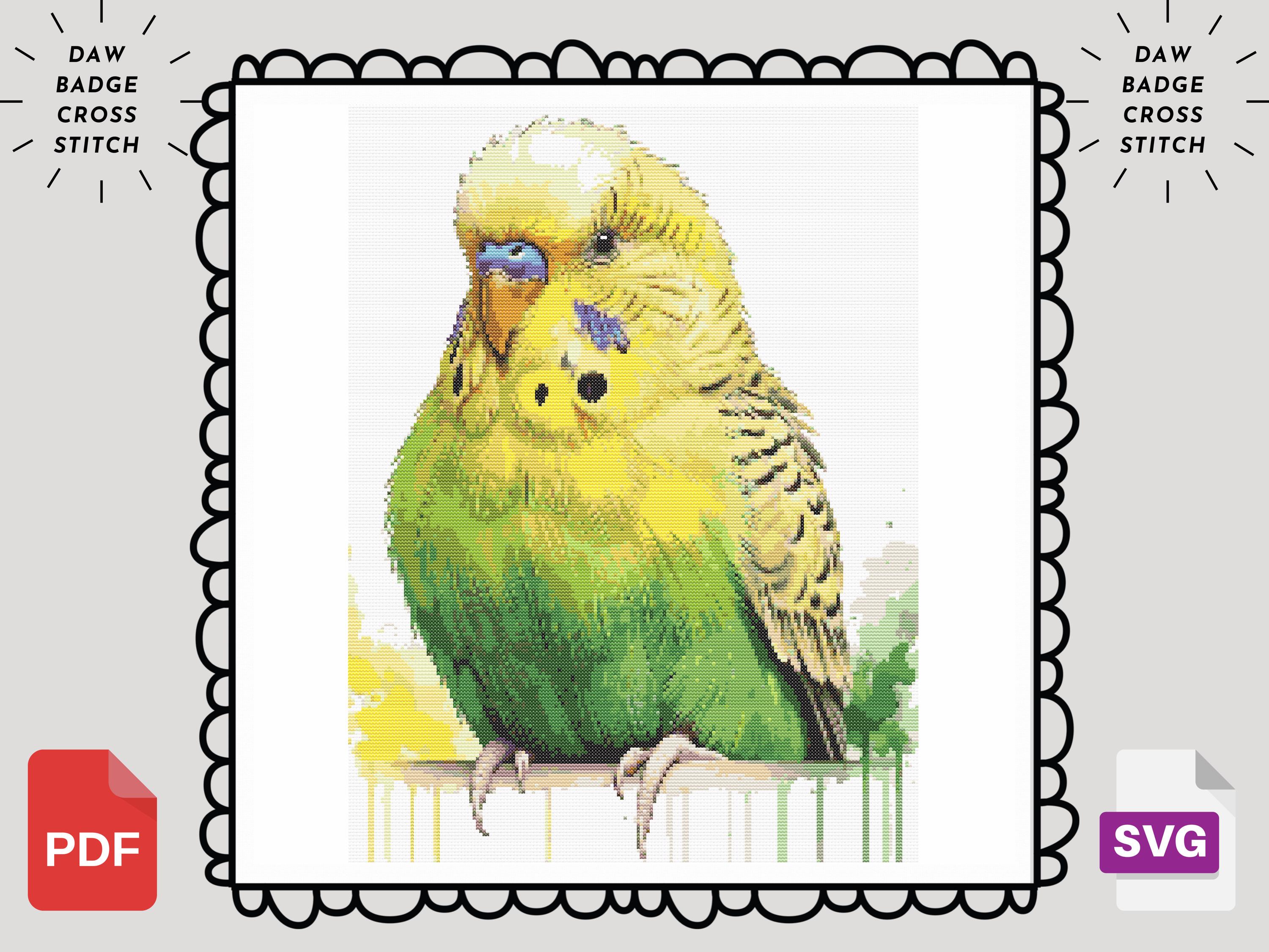 セキセイインコのクロスステッチパターン：水彩画風の鳥の刺繍（PDF