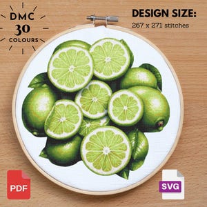 Könnte beinhalten: Ein Kreuzstichmuster mit Limetten, ganz und in Scheiben, in einem Stickrahmen. Das Design enthält den Text "DMC 30 COLOURS" und "DESIGN SIZE: 267 x 271 stitches". Die Designgröße beträgt 6,78 cm x 6,88 cm.