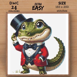 Peut inclure: Un modèle de point de croix représentant un alligator de dessin animé portant un chapeau haut de forme et un smoking. Le modèle est intitulé "Extra Easy" et nécessite 24 couleurs et 183 x 200 points.