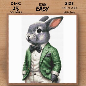 May include: A gray rabbit wearing a green suit with a bow tie. The rabbit is looking to the left. The image is labeled "EXTRA EASY" and "DMC 25 COLORS". The image also includes the text "SIZE 142 x 230 stitches".