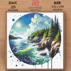 Acadia National Park Cross Stitch Pattern: Watercolor Ocean Landscape (PDF)
