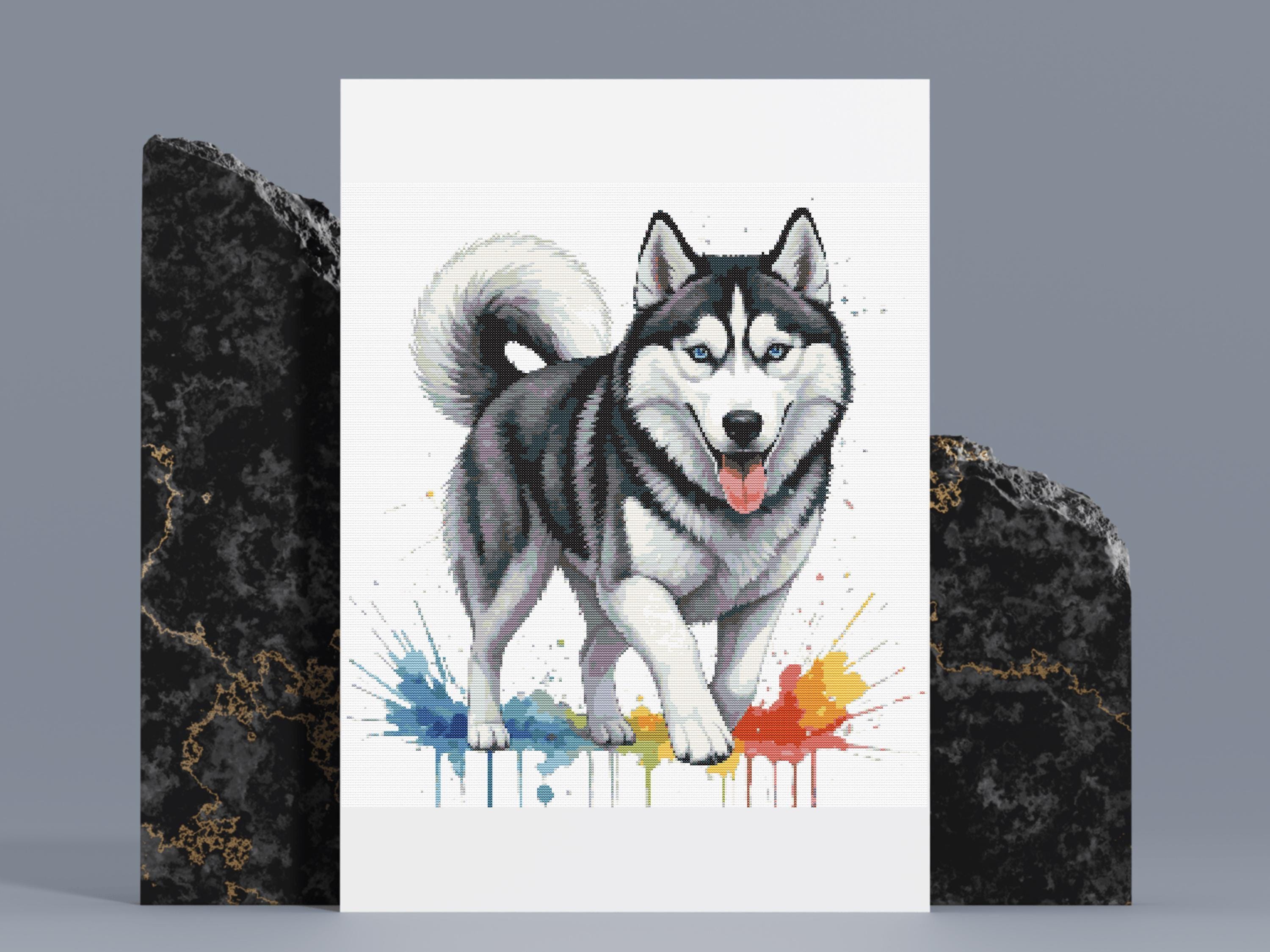 シベリアンハスキーのクロスステッチパターン：水彩画風犬の刺繍（PDF