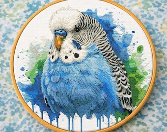 セキセイインコのクロスステッチパターン：水彩画風の鳥の刺繍（PDF